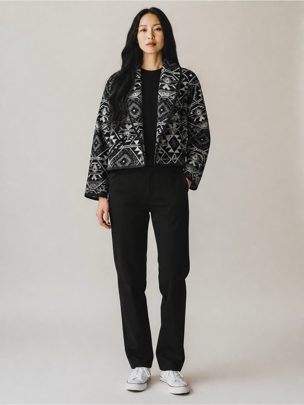 LINI Black & White Geometric Cropped Blazer